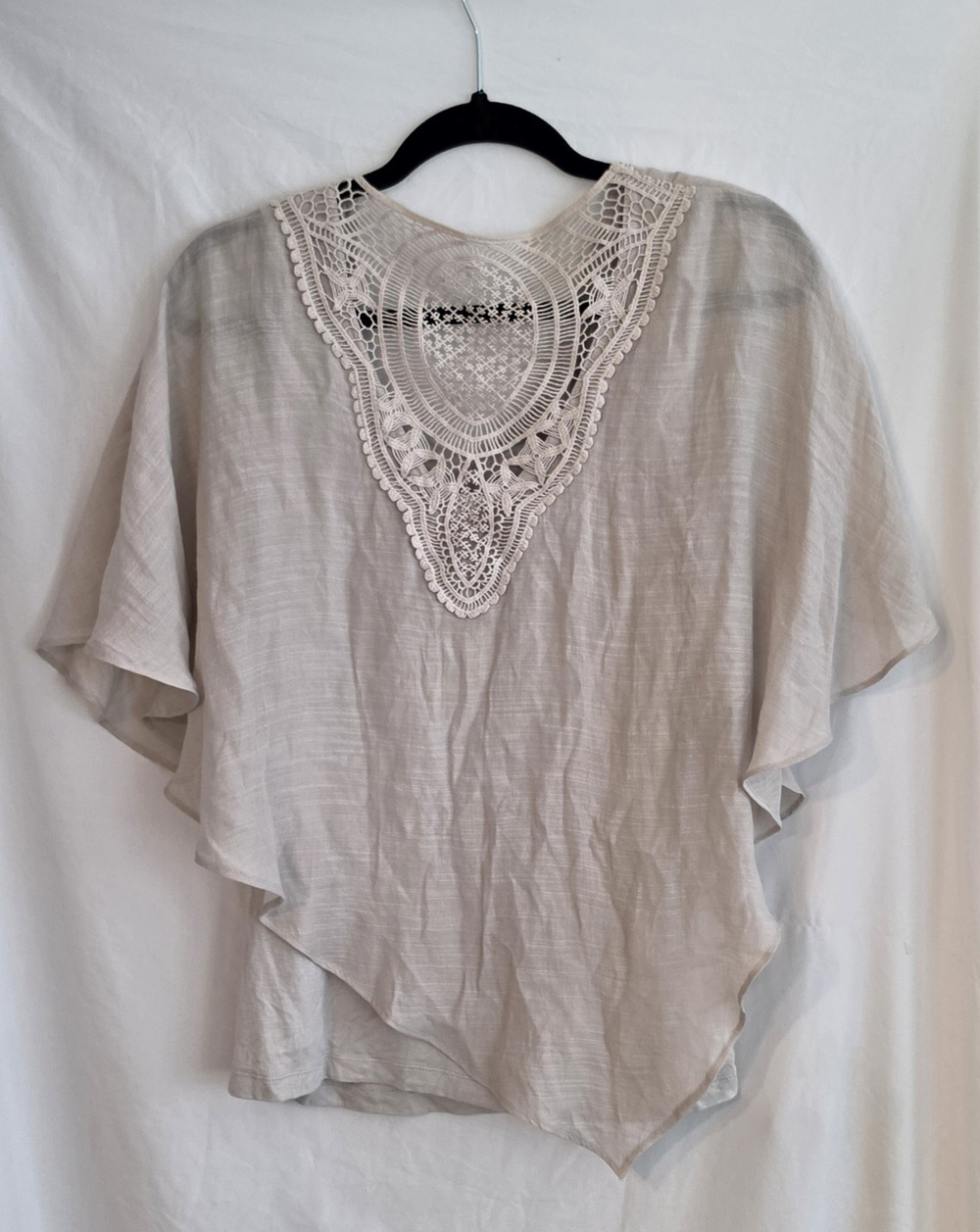 Apt9 Beige Layered Crochet Top Women's Size Large Lace Details Short Bat Sleeves